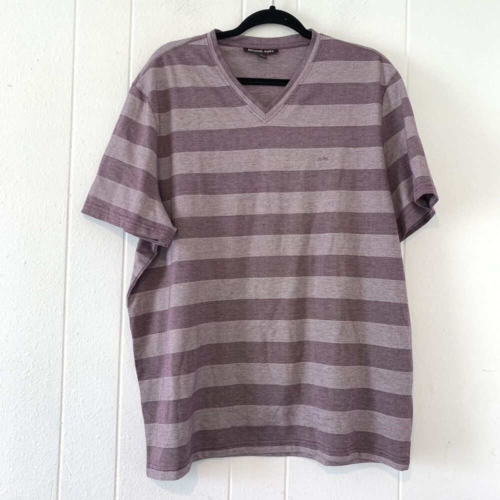 Michael Kors Mens XL T Shirt V Neck Stripes Heather‎ Maroon Red Short Sleeve